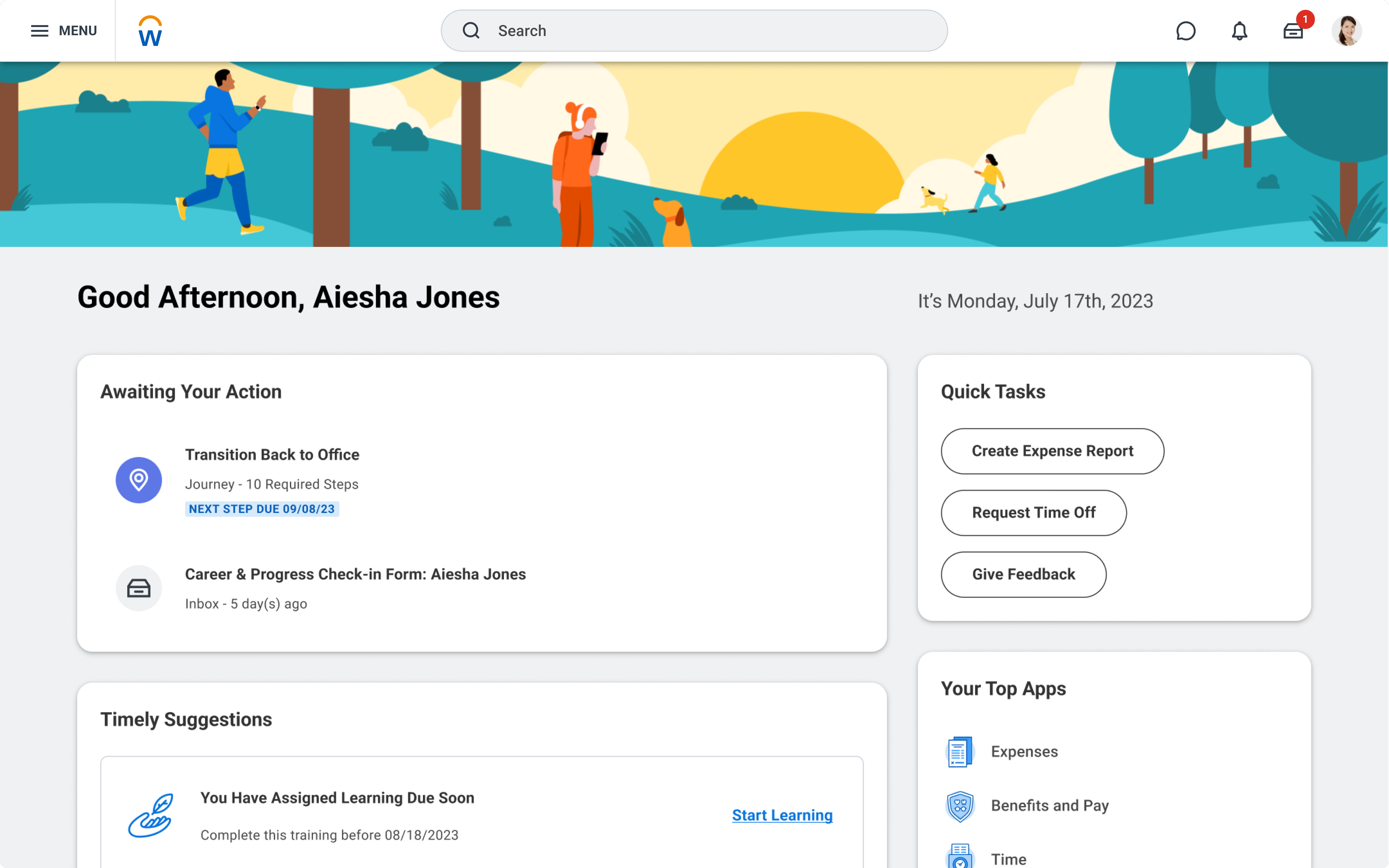 Plateforme infonuagique de gestion d’entreprise Workday – Écran d’accueil de Workday